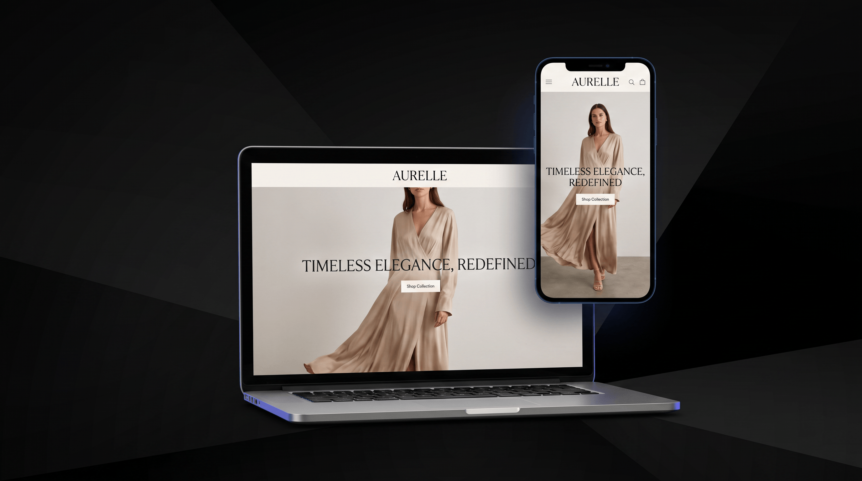 Laptop and phone mockup of the Aurelle brand page