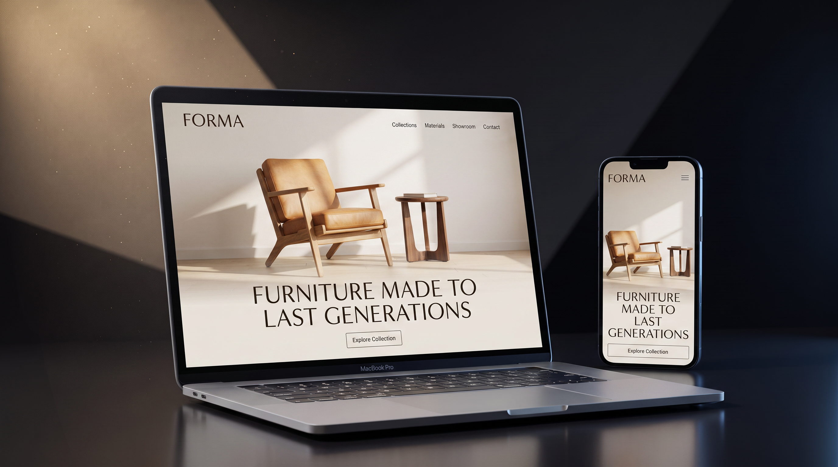 Laptop and phone mockup of the Forma furniture site